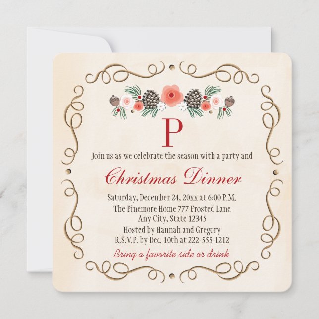INVITATION DÎNER DÉCORÉ D'UN MONOGRAMME DE NOËL DE LAURIER DE (Devant)
