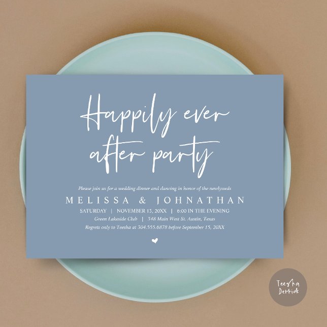 Invitation Dîner d'Elopement mariage, Heureusement toujours a (Wedding Elopement Dinner, Happily Ever after Party Invitation Card, PDF, in Dusty Blue)