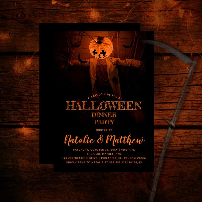 Invitation Dîner d'Halloween Citrouille effrayant (Creepy barn scene pumpkin scarecrow adult Halloween Dinner Party Invitation)