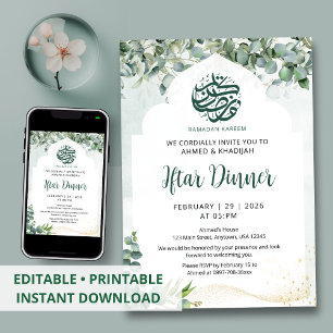 Invitation Dîner d'Iftar de Ramadan Arche Aquarelle Eucalyptu