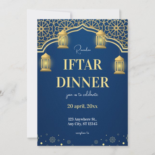 Invitation Dîner d'Iftar de Ramadhan en Or Bleu (Devant)