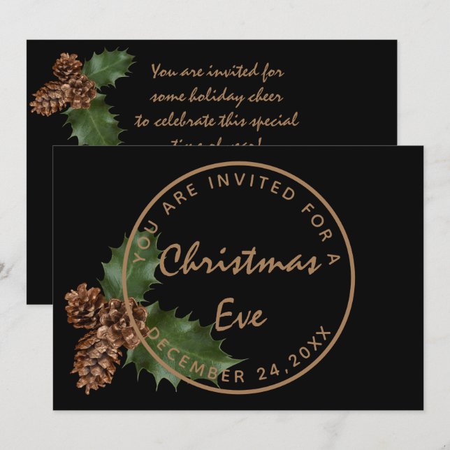 Invitation Dîner du réveillon de Noël en bronze noir, fête d' (Devant / Derrière)