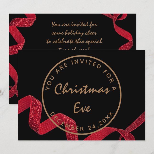 Invitation Dîner du réveillon de Noël noir rouge hiver (Devant / Derrière)