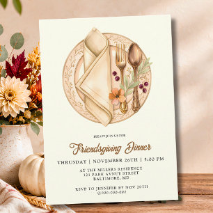 Invitation Dîner Élégant de Friendsgiving sur une Table d'Aut