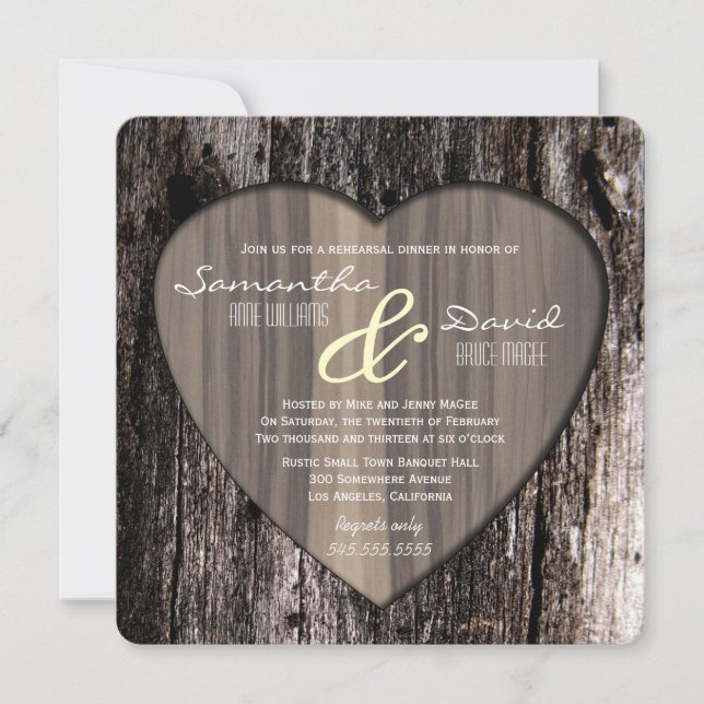 Invitation Dîner en bois rustique de répétition de coeur (Devant)