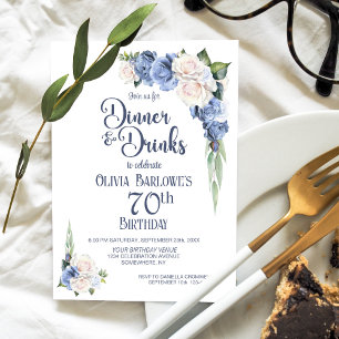 Invitation Dîner Floral Blanc Bleu et Boissons 70e anniversai