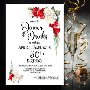 Invitation Dîner Floral blanc rouge et boissons 50e anniversa