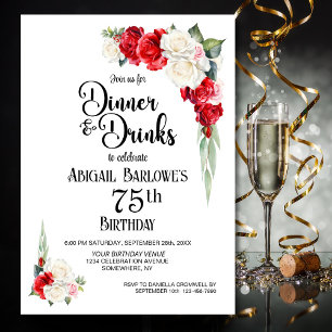 Invitation Dîner Floral blanc rouge et boissons 75e anniversa