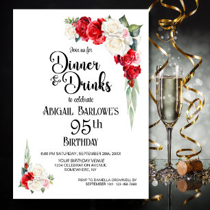 Invitation Dîner Floral blanc rouge et boissons 95e anniversa