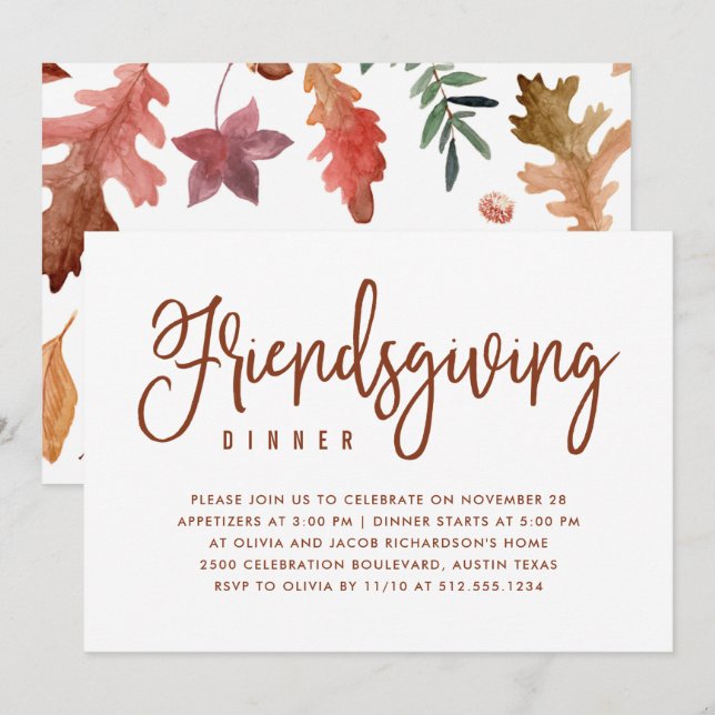 Invitation Dîner Friendsgiving | Blanc avec feuilles d'automn (Devant / Derrière)