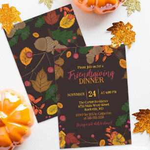 Invitation Dîner Friendsgiving Feuilles d'Automne Glands Baie