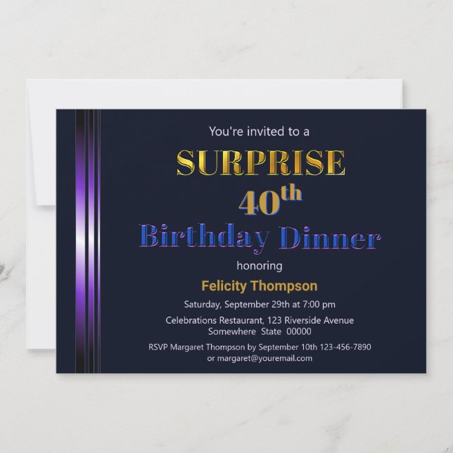 Invitation Dîner Gold et Purple Surprise 40e anniversaire (Devant)