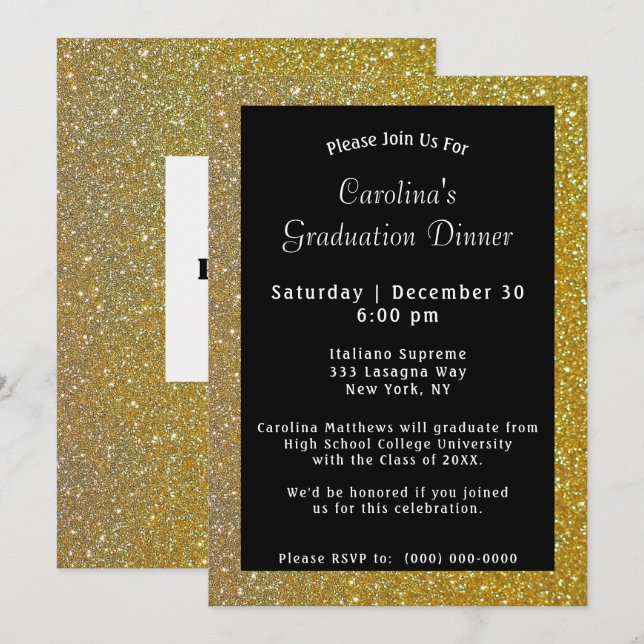 Invitation Dîner Gold Sparkle Graduation Noire (Devant / Derrière)