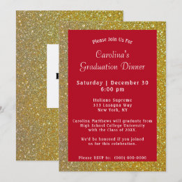 Invitation Dîner Gold Sparkle Graduation rouge