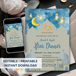 Invitation Dîner Iftar de la Mosquée à l'Aquarelle Bleu Humeu
