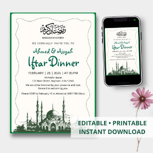 Invitation Dîner Iftar de la Mosquée Elegant Green Sketch