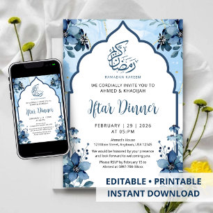 Invitation Dîner Iftar floral aquarelle bleu marine pour Rama