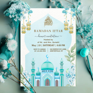 Invitation Dîner Iftar Mosquée Aquarelle Bleue