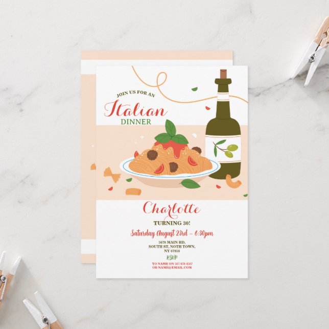 Invitation Dîner Italien Anniversaire Fête Pizza Déjeuner (Devant/Arrière en situation)