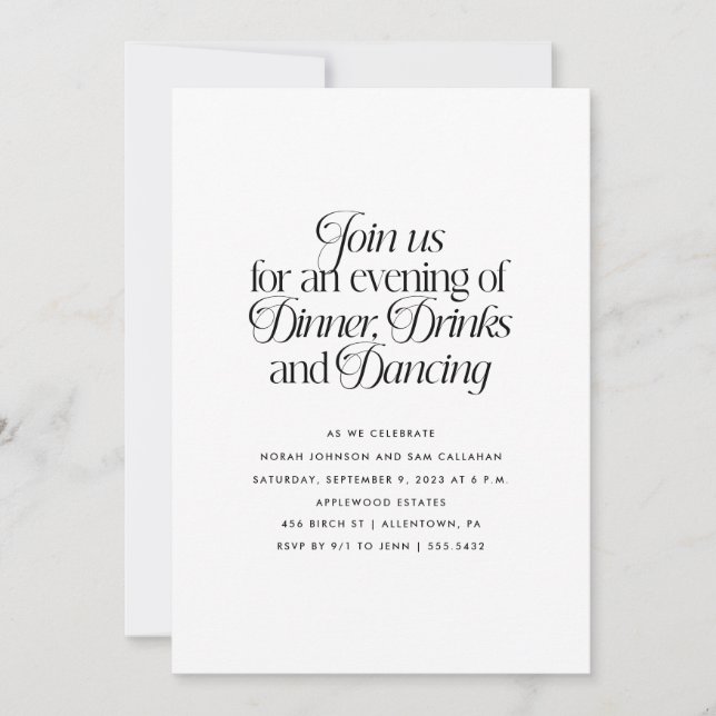 Invitation Dîner minimaliste, Boissons et Danse  (Devant)