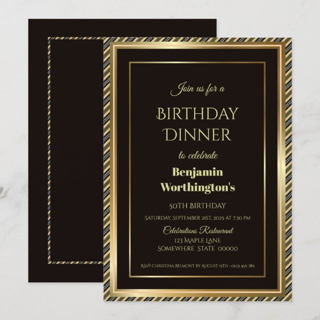 Invitation Dîner moderne Black and Gold 50th Birthday (Devant / Derrière)