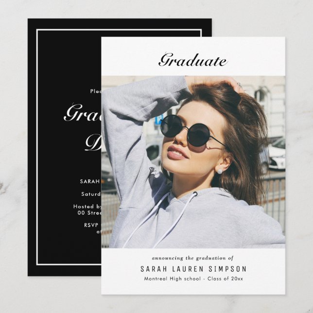 Invitation Dîner moderne de graduation noir & blanc (Devant / Derrière)