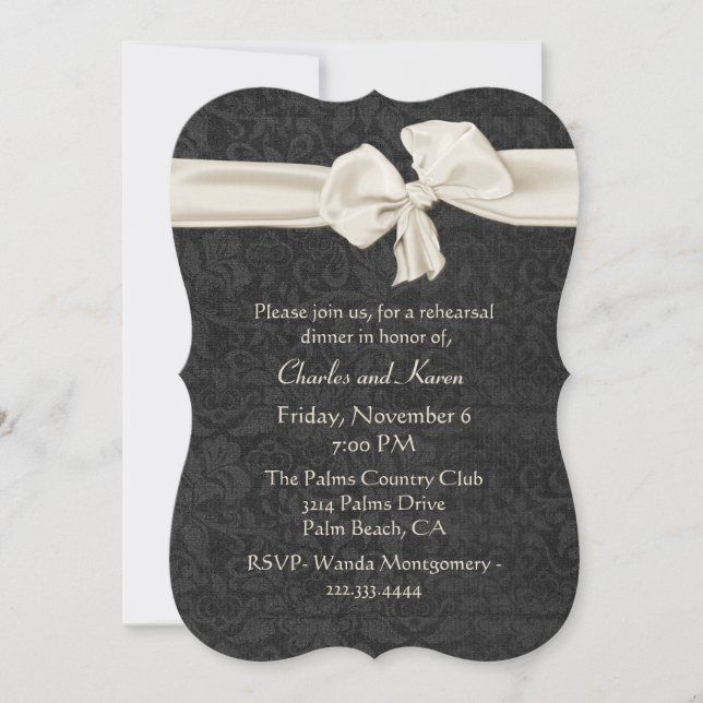 Invitation Dîner noir et en ivoire de répétition de mariage (Devant)