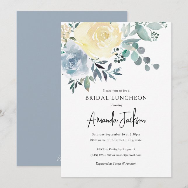 Invitation Dîner nuptial bleu ivoire floral vert Dusty (Devant / Derrière)