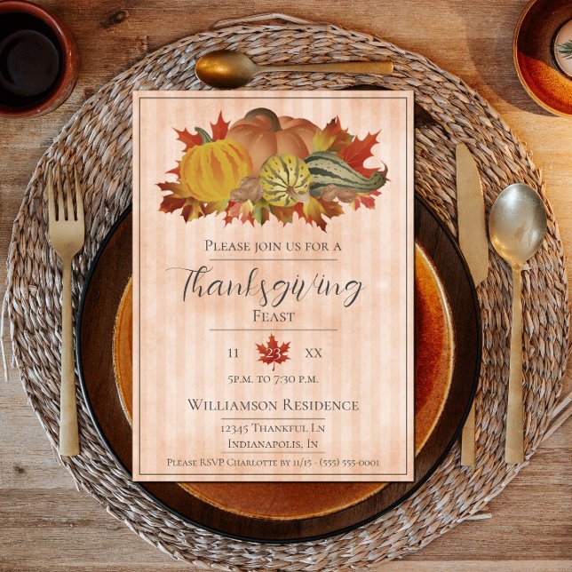 Invitation Dîner Orange Thanksgiving Citrouilles et Squash (Thanksgiving Pumpkins and Squash Dinner Party Invite - Orange)