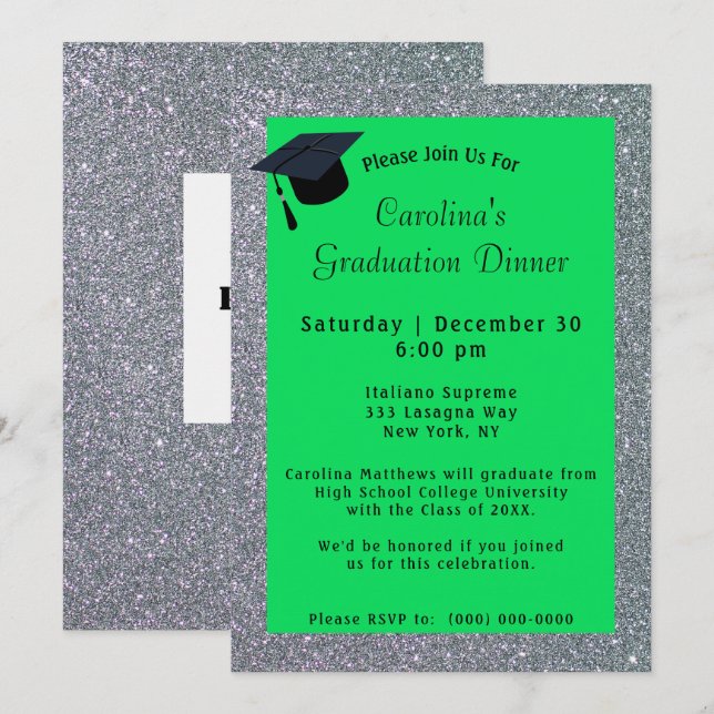 Invitation Dîner Parties scintillant argent Graduation verte (Devant / Derrière)