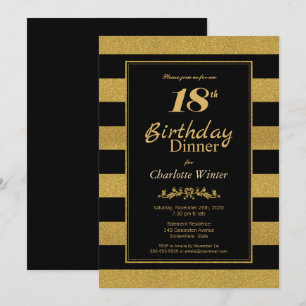 Invitation Dîner pour les 18 ans rayé noir et or