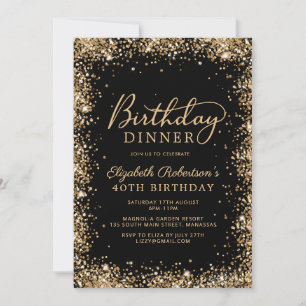 Invitation Dîner pour les 40 ans de Glitter Black Gold Script