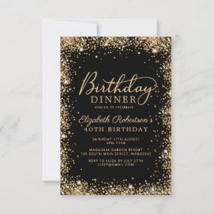 Invitation Dîner pour les 40 ans de Glitter Black Gold Script