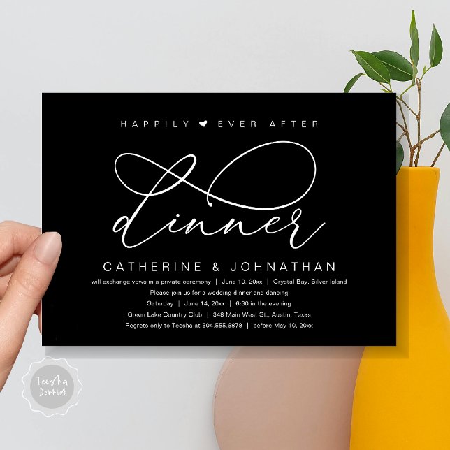 Invitation Dîner pour toujours heureux, fête romantique moder (Happily Ever After Dinner Party, Modern Romantic Wedding  Invitation Card, PDF, Classy Black)