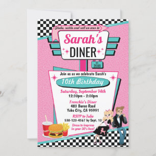 Invitation Diner Retro 1950 fêtes d'anniversaire Sock Hop Des
