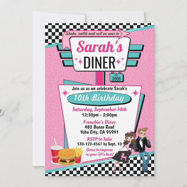 Invitation Diner Retro 1950 fêtes d'anniversaire Sock Hop Des (Devant)