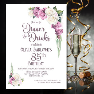 Invitation Dîner rose blanc floral et boissons 85e anniversai