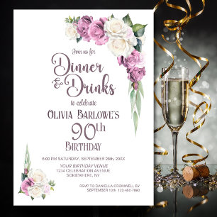Invitation Dîner rose blanc floral et boissons 90e anniversai