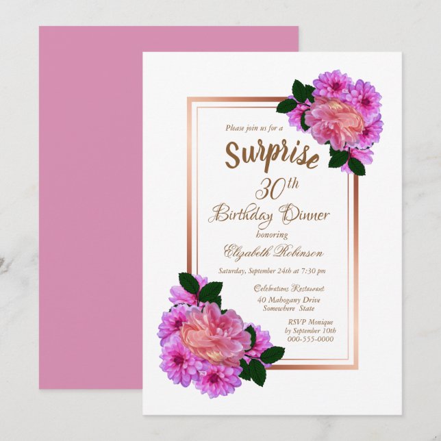 Invitation Dîner rose Floral Gold Surprise 30e anniversaire (Devant / Derrière)