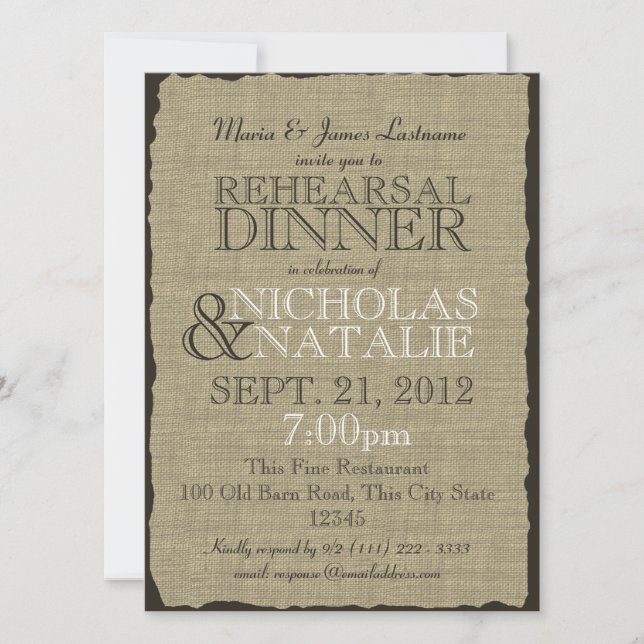 Invitation Dîner Rustique de répétition Burlap (Devant)