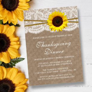 Invitation Dîner Rustique Tournesol Burlap & Dentelle Thanksg