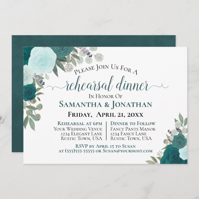Invitation Dîner Rustique Turquoise Rose Floral Mariage (Devant / Derrière)
