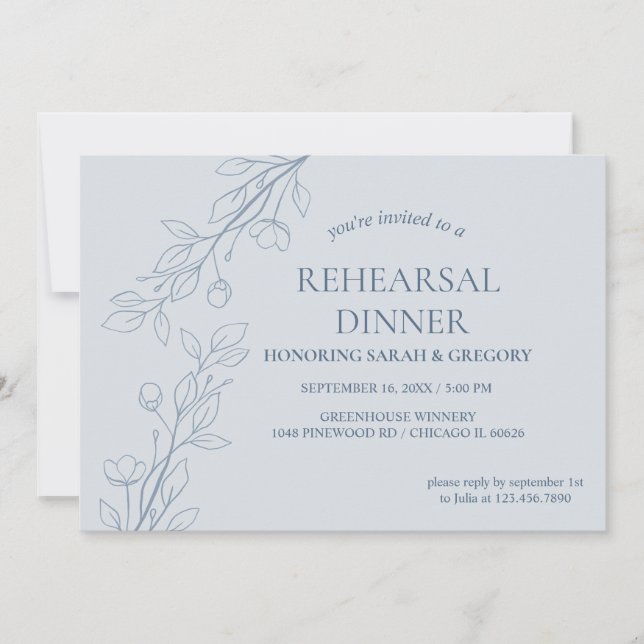 Invitation Dîner simple Boho Floral Dusty Blue (Devant)