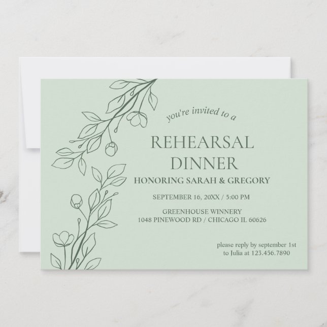 Invitation Dîner simple Boho Floral Sage Vert Répétition (Devant)