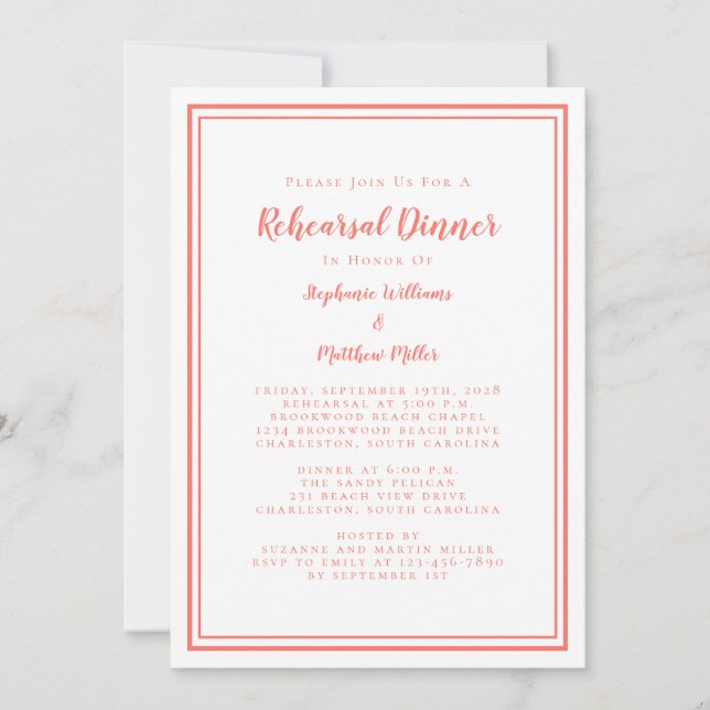 Invitation Dîner simple Coral et Mariage blanc (Devant)