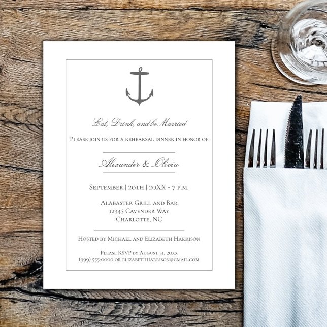 Invitation Dîner simple de répétition d'Ancres nautiques | Bl (White Simple Nautical Anchor Rehearsal Dinner Invitation)