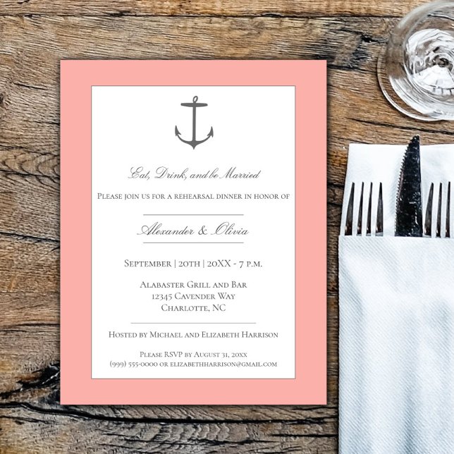 Invitation Dîner simple de répétition d'Ancres nautiques | Co (Coral Simple Nautical Anchor Rehearsal Dinner Invitation)