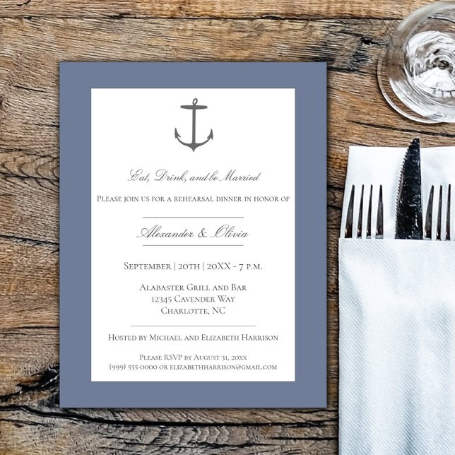 Invitation Dîner simple de répétition d'Ancres nautiques Dust (Dusty Blue Simple Nautical Anchor Rehearsal Dinner Invitation)