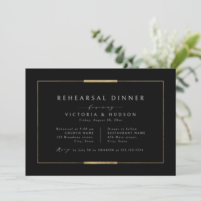 Invitation Dîner simple de répétition encadré Elegance Noir (Debout devant)