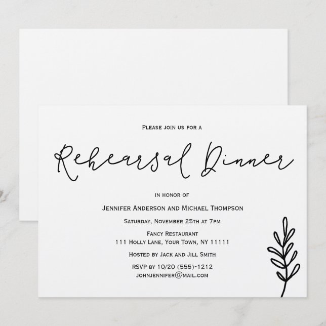 Invitation Dîner simple Rustique de répétition de feuille (Devant / Derrière)